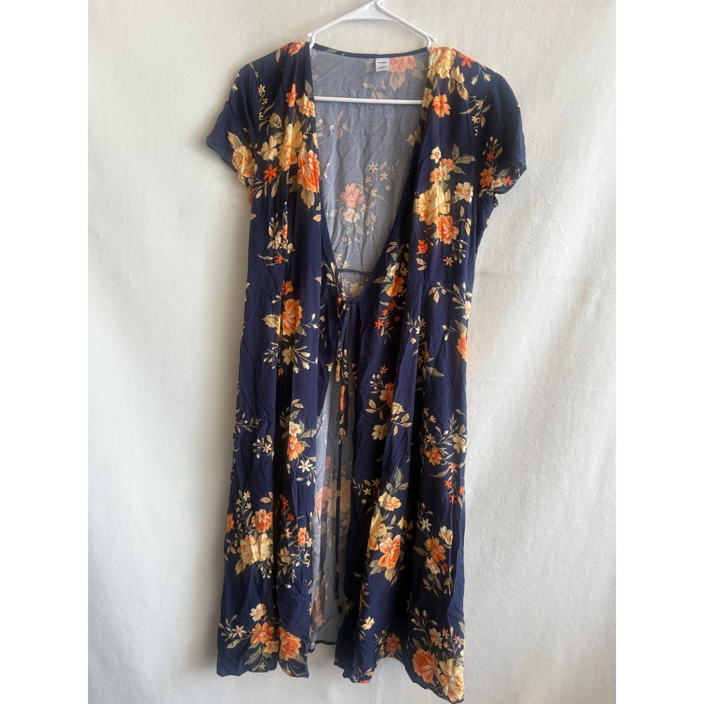 Old Navy Women Navy Blue Floral Wrap Midi Dress duster Short Sleeve Yellow Small